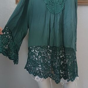Forest Green Lace Women's Blouse XL Bell Sleeves 3/4 Boho Cottagecore Flowy